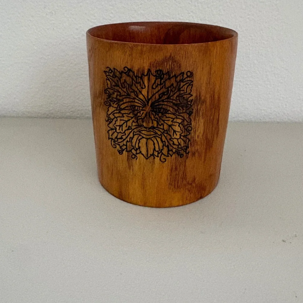 Handmade Wood Burned Tree of Life &‎ Green Man Wooden Cup Vessel 4.5